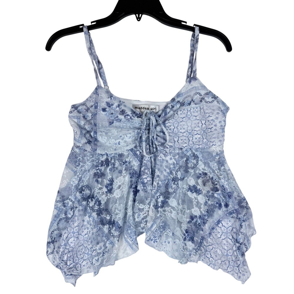 Madden Girl Cami Top Womens Medium Blue Floral Lace Mesh Y2K Fairycore Coquette